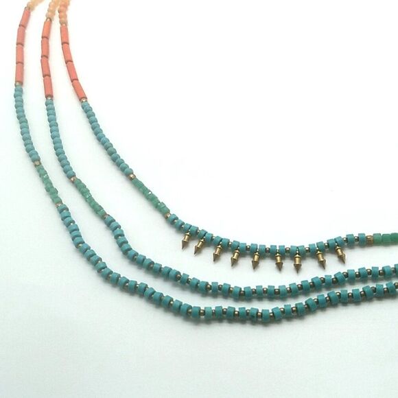 3 Strand Beaded Necklace Silver-tone Round Spacers & Spikes on 2 Leather Cords - Picture 5 of 16